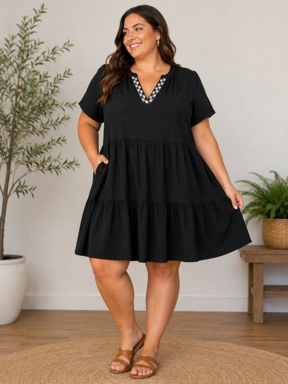 Lucky Brand Black Gauze Tiered Dress | Size 1X